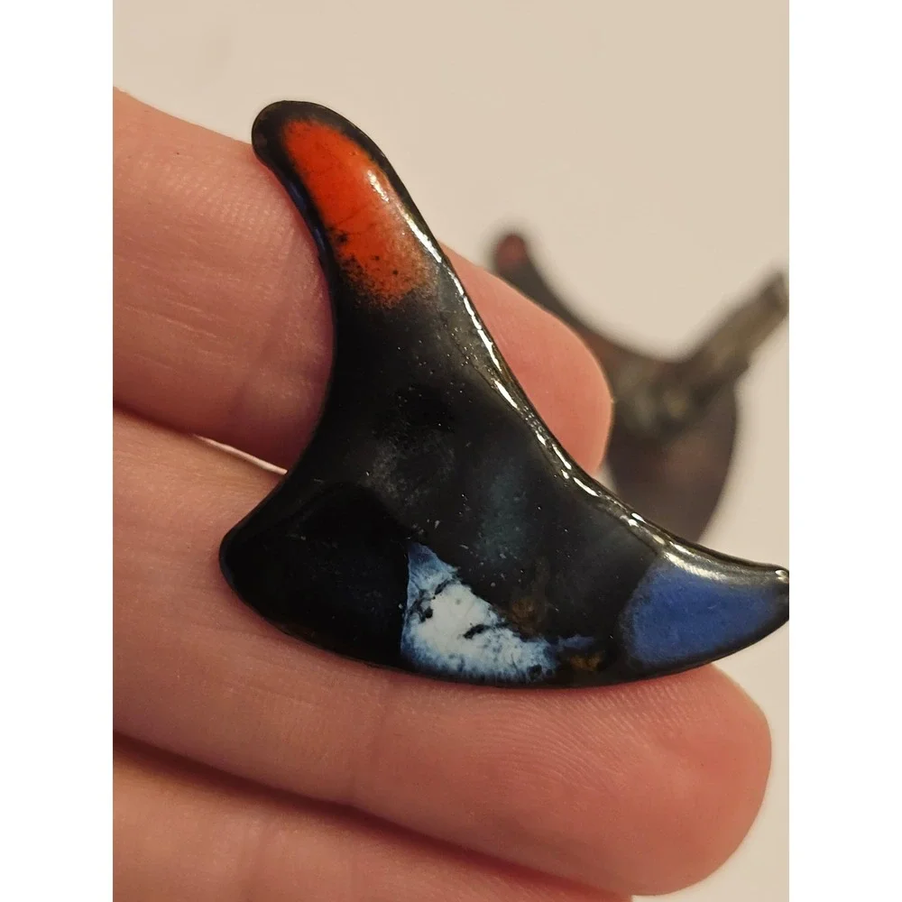 Vintage MCM Enamel Cufflink Tie Clip Set Black Orange Blue Abstract Boomerang